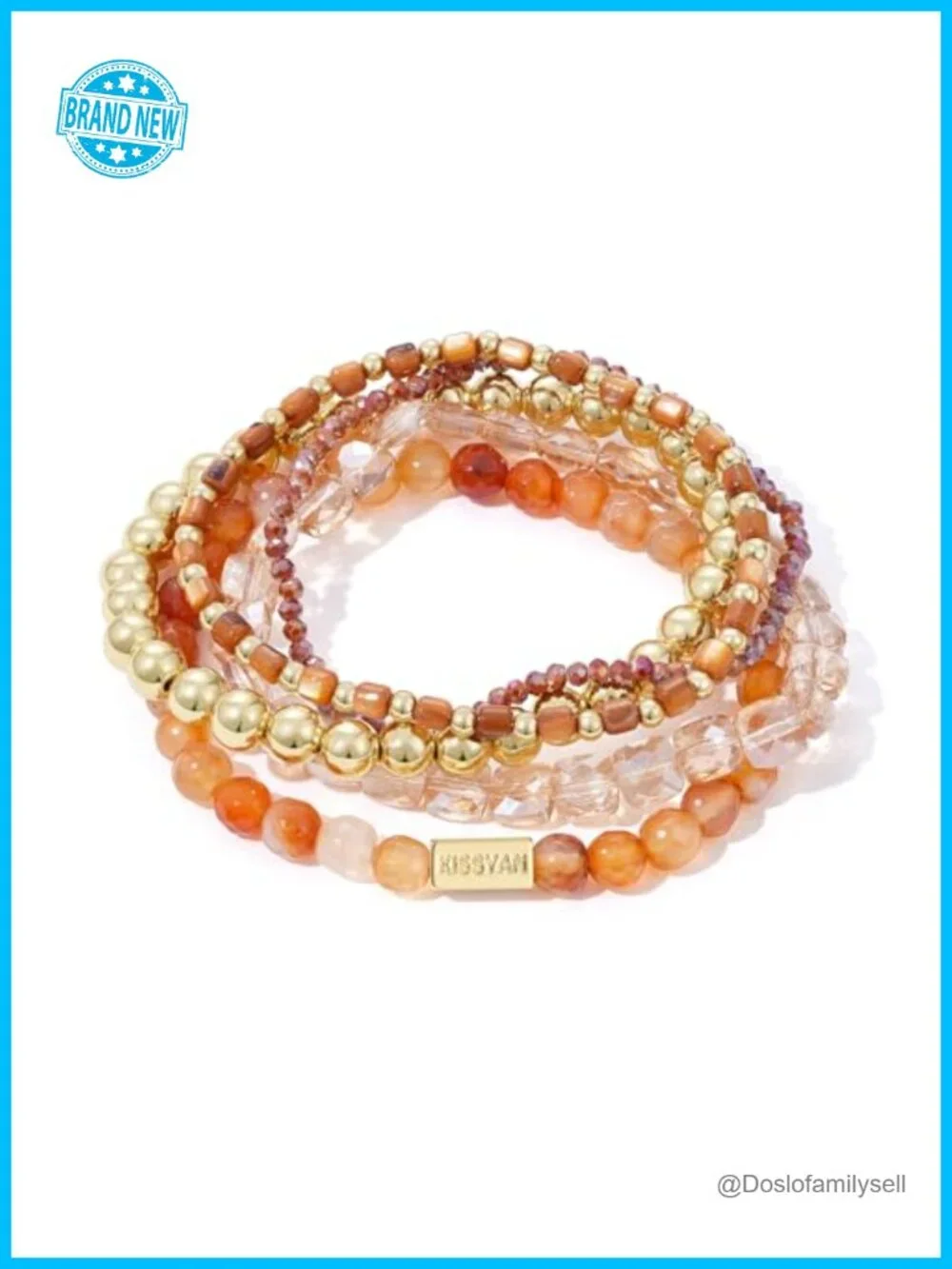 5-Piece Stackable Beaded Stretch Bracelet Set, 14K Gold Plated Natural Stone